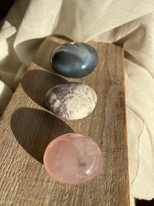 Calming & Centering trio // orca agate, lepidolite & rose quartz palm stones